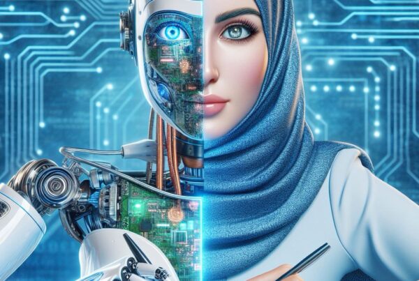 تصویر دختر نویسنده و ربات نویسنده هوش مصنوعی با هم مقاله ای مینویسند.